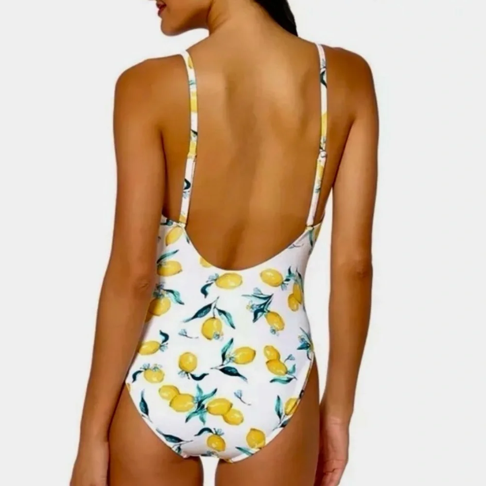 Brand New Jessica Simpson Lemons Printed Tie-Waist One-Piece Swimsuit Bra Cups